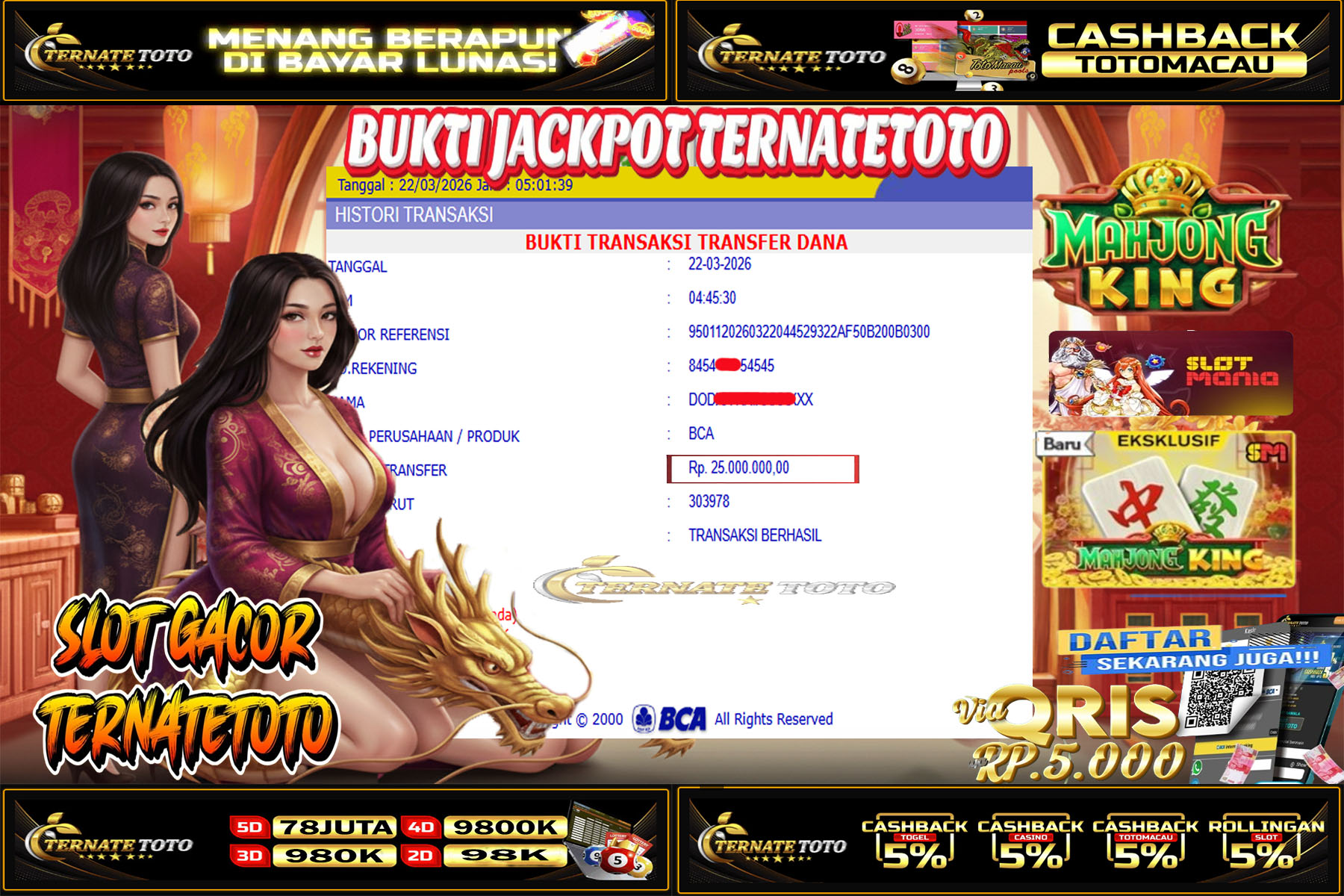 TERNATETOTO - JACKPOT MAHYONG KING DI SLOT MANIA Rp. 25,000,000,-